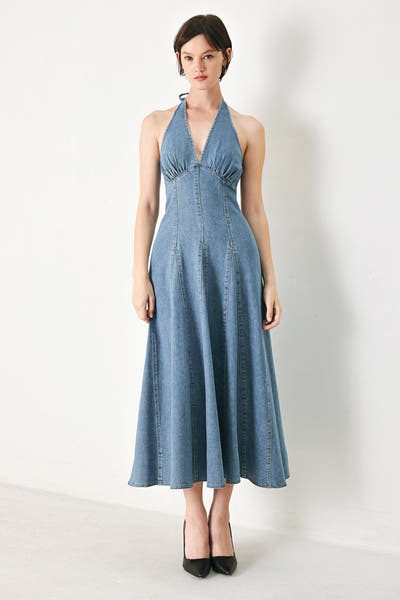 NASHVILLE BLUES - HALTER DENIM MIDI DRESS
