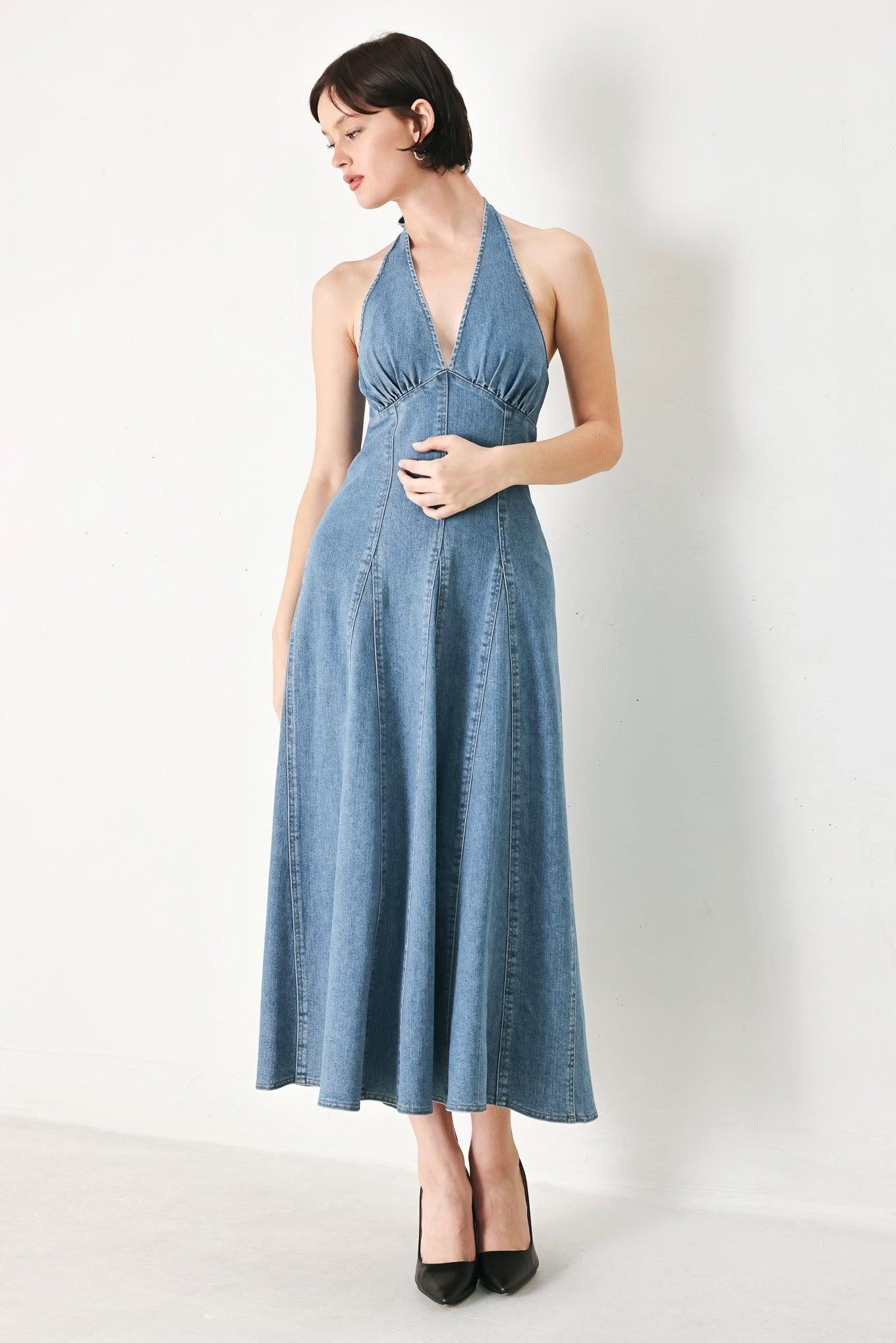 Lady Black Tie - Nashville Blues - Halter Denim Midi Dress