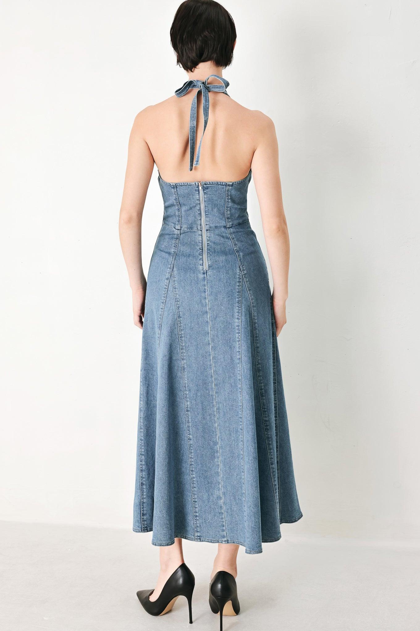 Lady Black Tie - Nashville Blues - Halter Denim Midi Dress