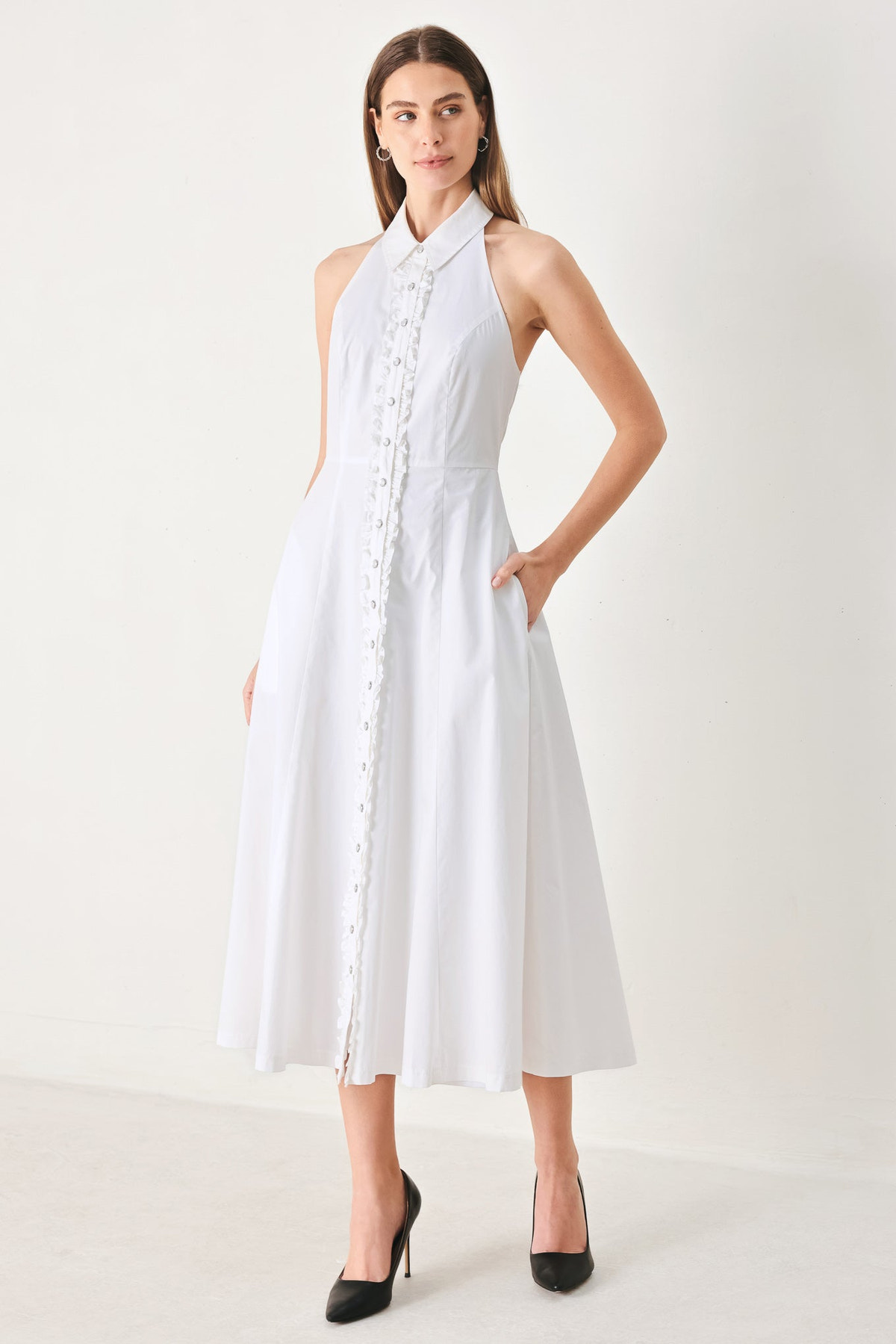White Collared Halter Ruffle Midi Dress in White, front view | Lady Black Tie
