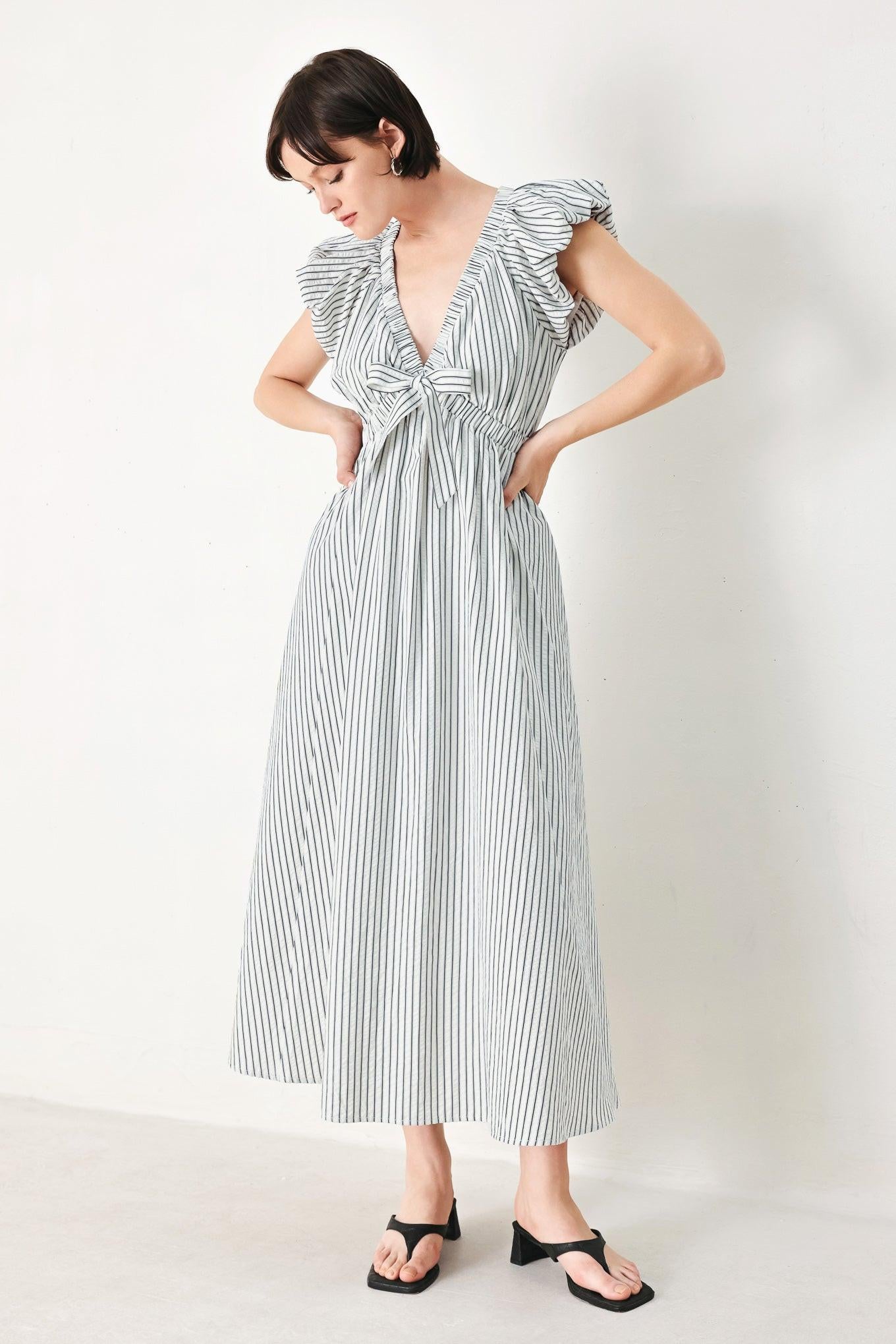 Lady Black Tie - Whisper Stripe Empire Waist Midi Dress - Size M
