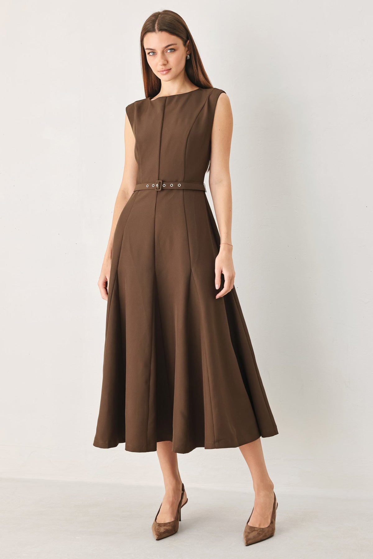 Sleeveless Belted Fit and Flare Midi Dress in Brown, front view | Lady Black Tie
