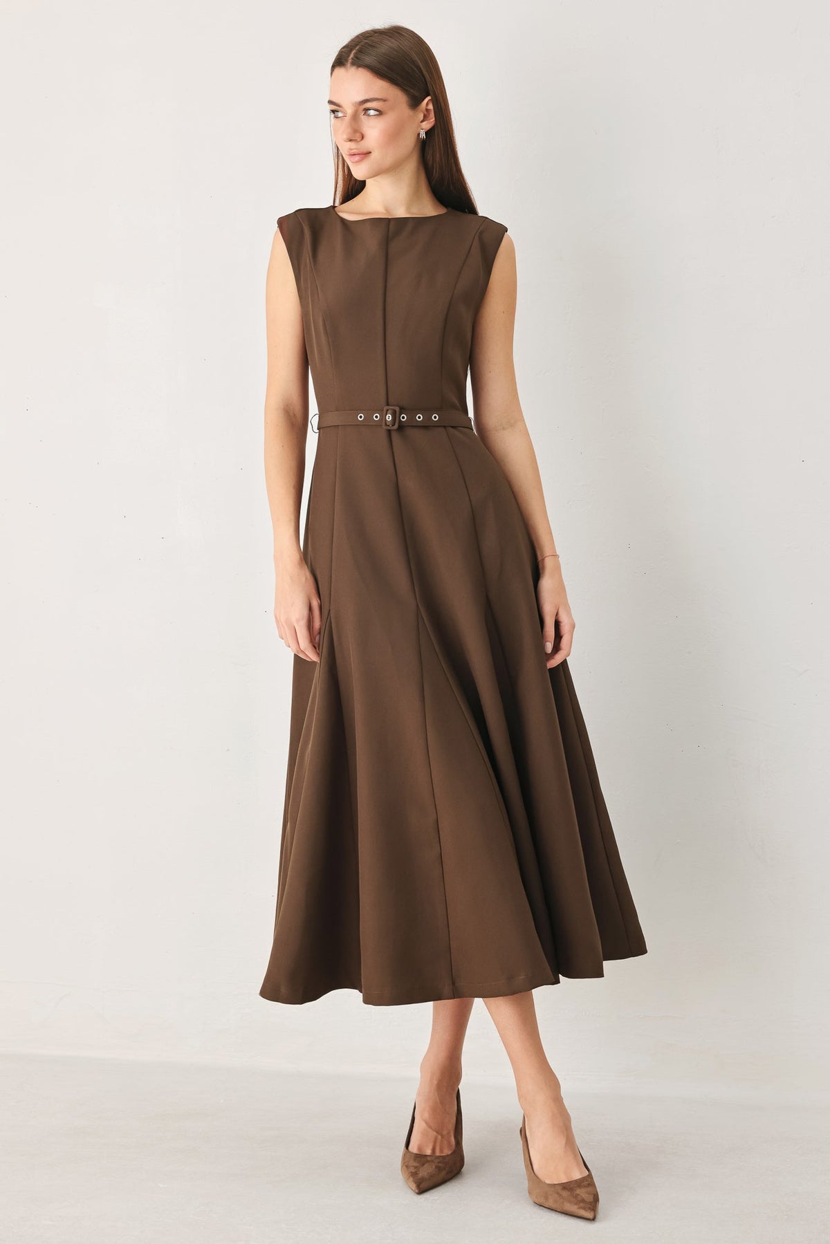 Sleeveless Belted Fit and Flare Midi Dress in Brown, front view | Lady Black Tie