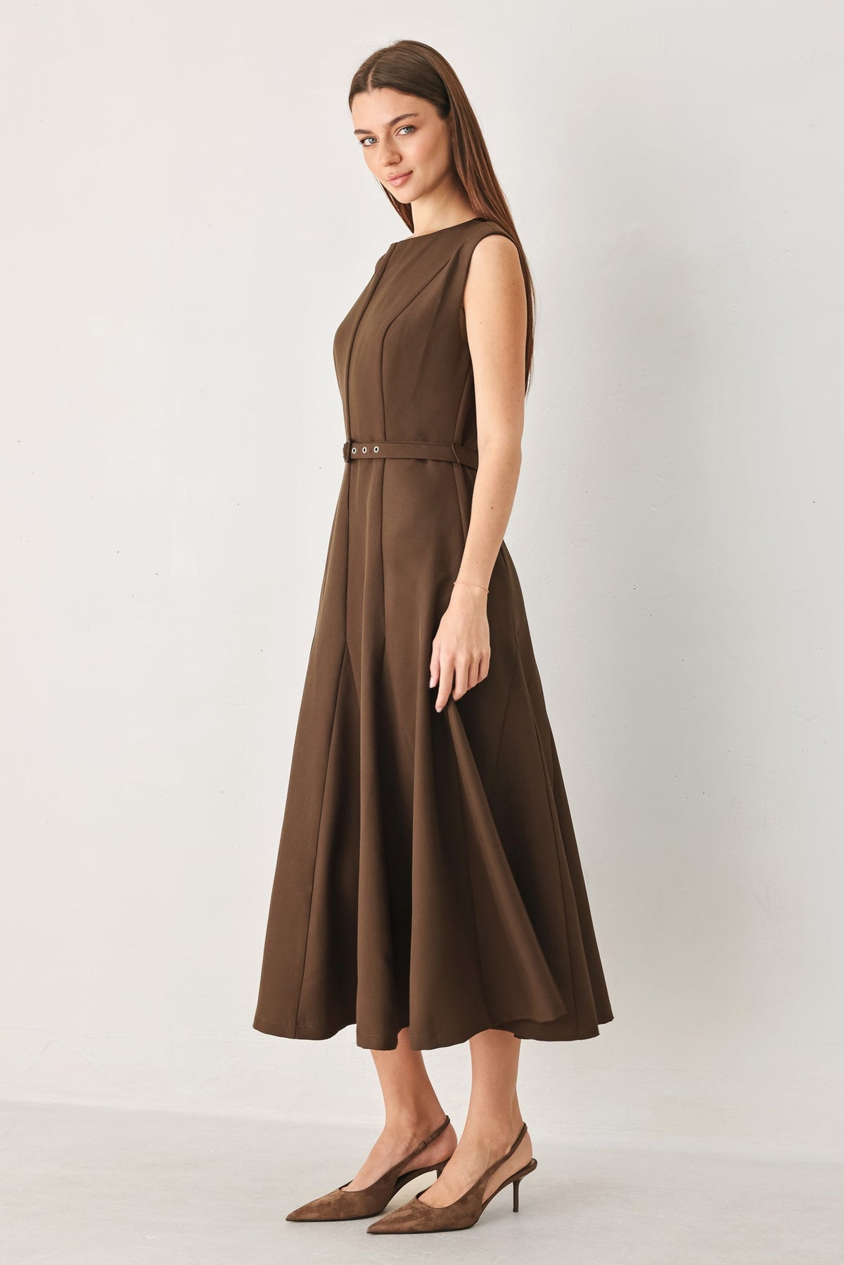 Sleeveless Belted Fit and Flare Midi Dress in Brown, side view | Lady Black Tie