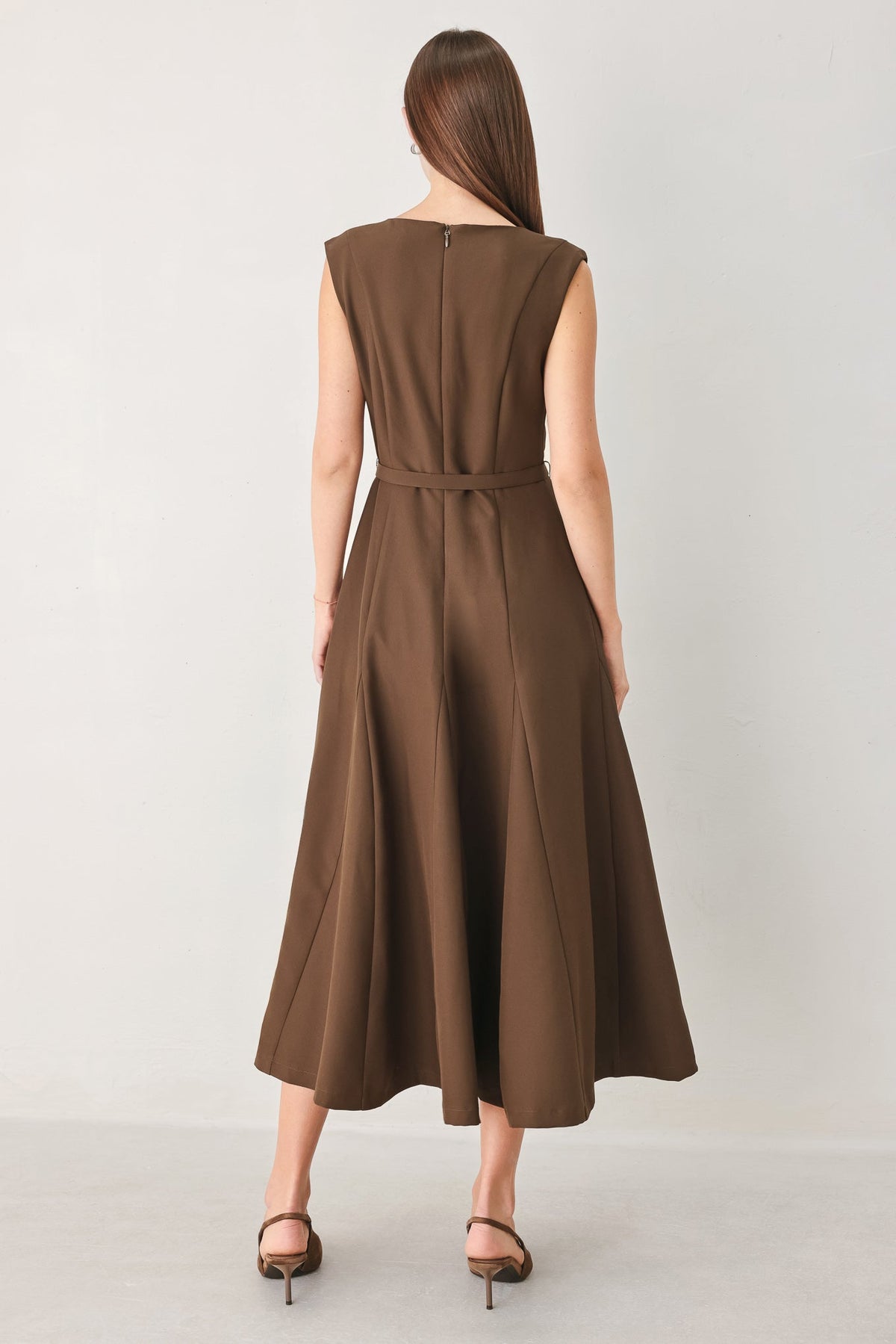 Sleeveless Belted Fit and Flare Midi Dress in Brown, back view | Lady Black Tie