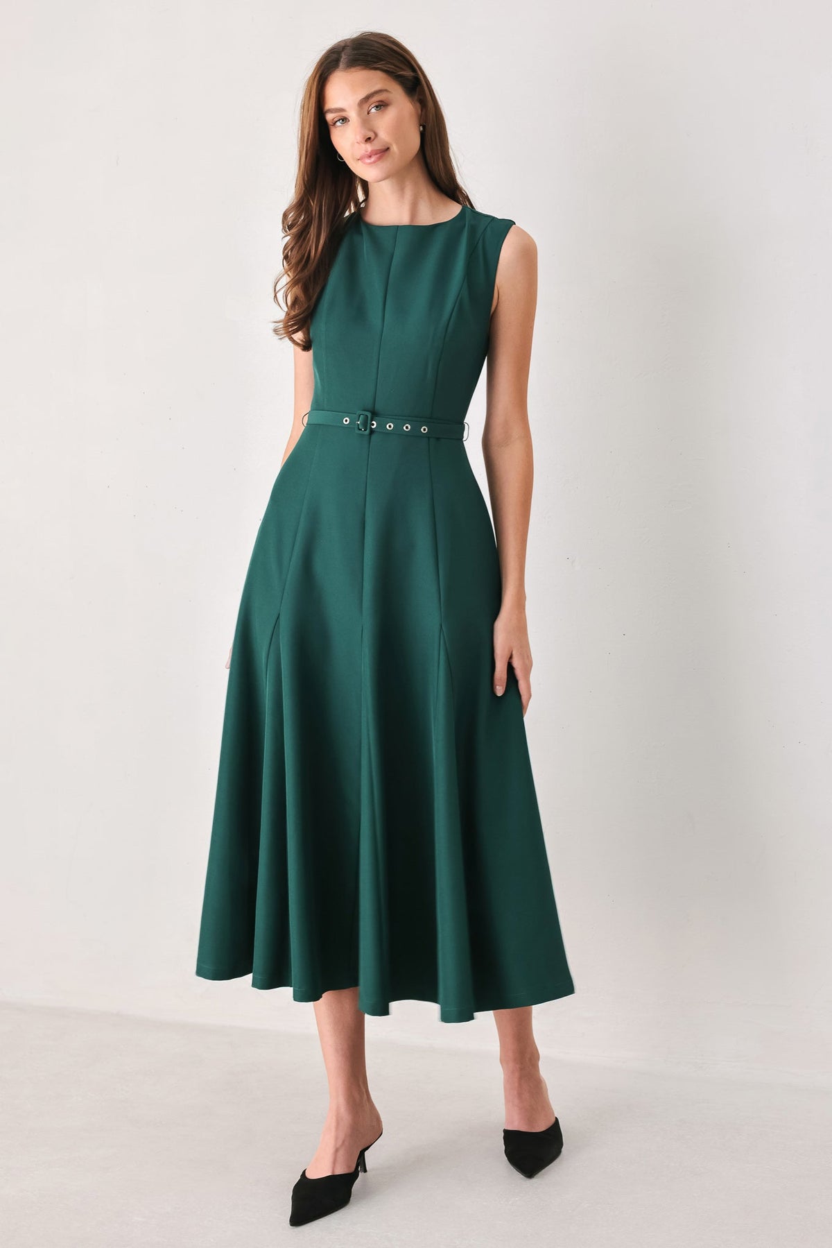 Sleeveless Belted Fit and Flare Midi Dress in Teal, front view | Lady Black Tie