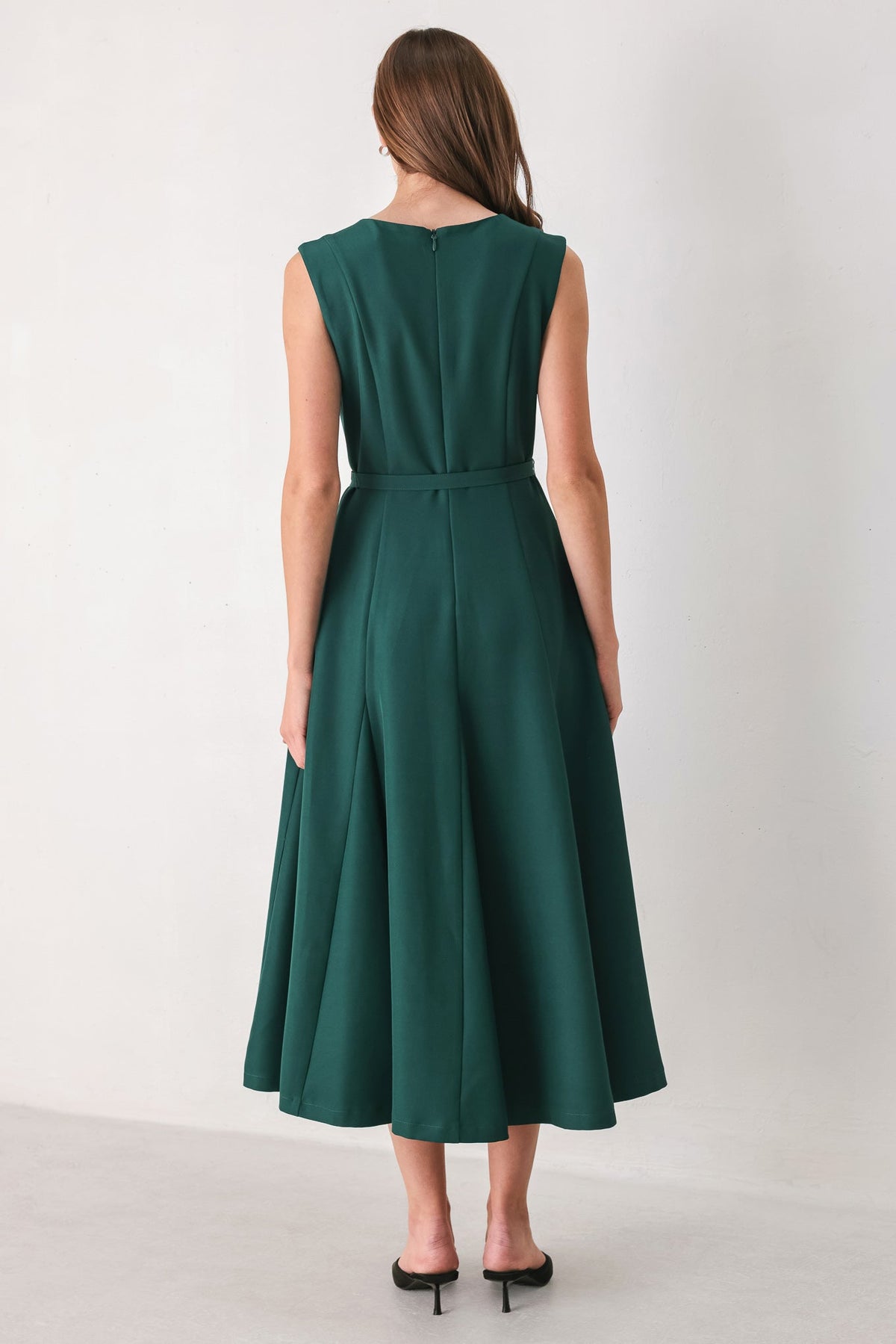 Sleeveless Belted Fit and Flare Midi Dress in Teal, back view | Lady Black Tie