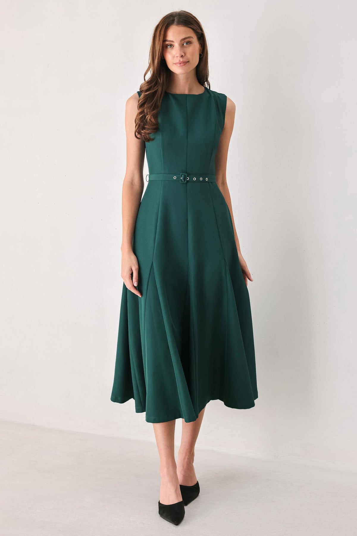Sleeveless Belted Fit and Flare Midi Dress in Teal, front view | Lady Black Tie