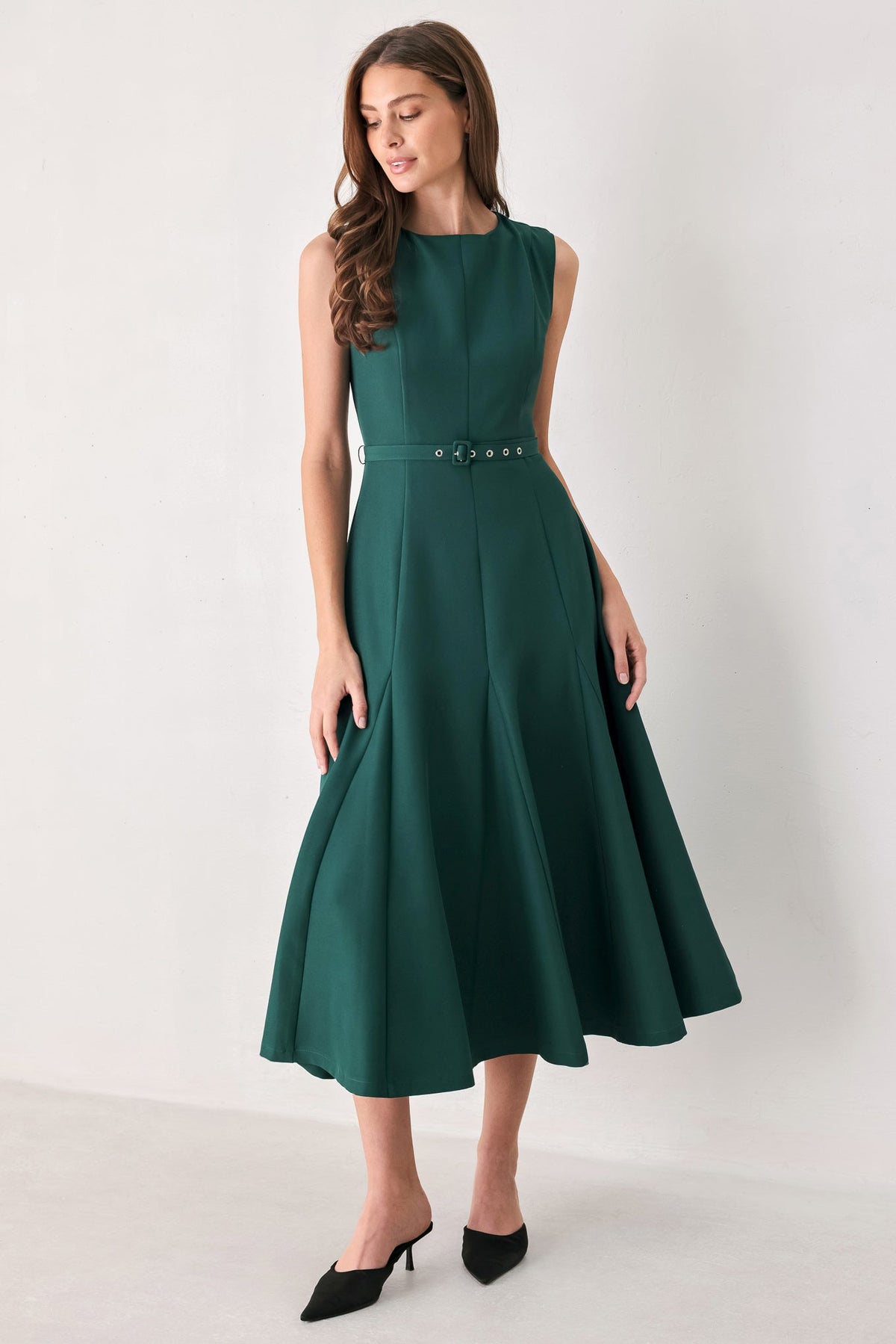 Sleeveless Belted Fit and Flare Midi Dress in Teal, front view | Lady Black Tie
