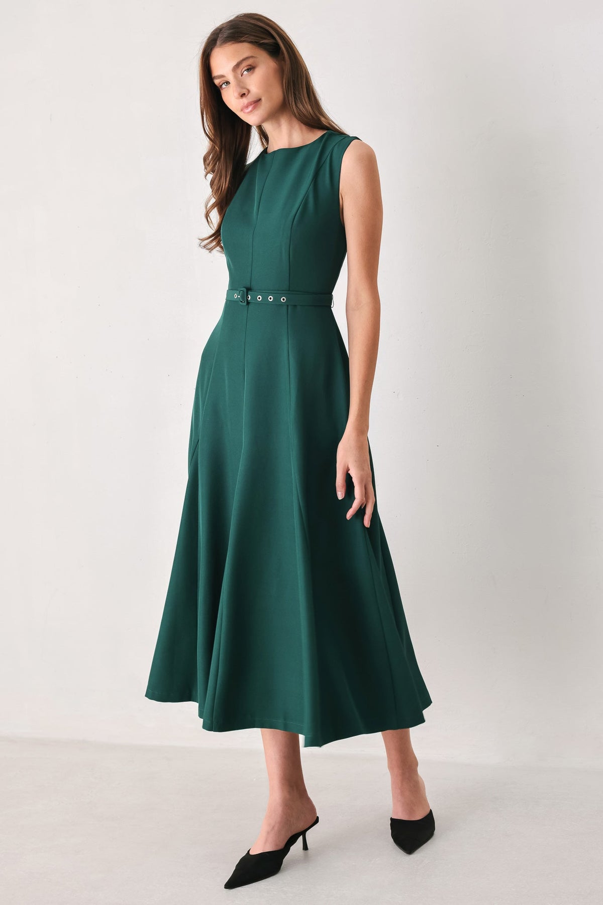 Sleeveless Belted Fit and Flare Midi Dress in Teal, three-quarter view | Lady Black Tie