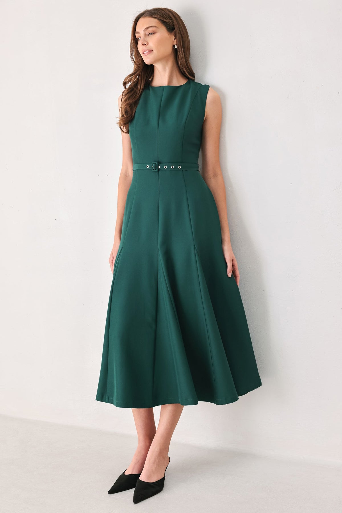 Sleeveless Belted Fit and Flare Midi Dress in Teal, front view | Lady Black Tie