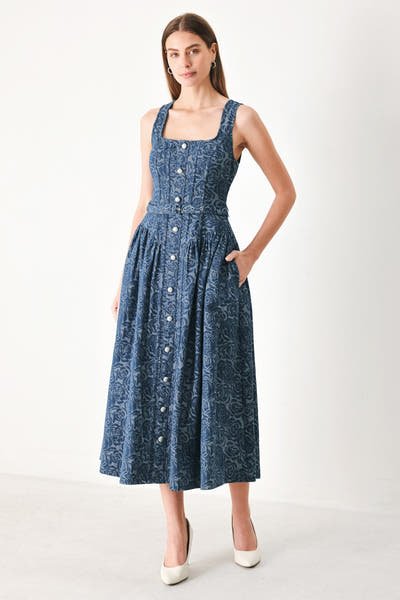 MIDNIGHT GARDEN - FLORAL JACQUARD DENIM MIDI DRESS