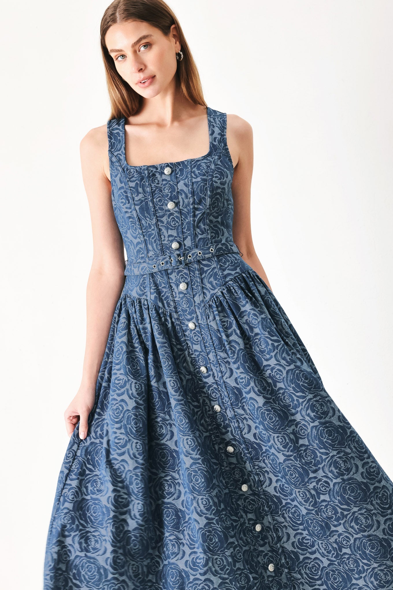 Lady Black Tie - Midnight Garden Denim Midi Dress - Size L Lady Black Tie - Midnight Garden Denim Midi Dress - Size L