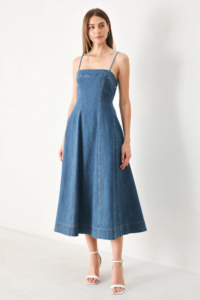 Lady Black Tie - Summer Indigo - Straight Neck Denim Midi Dress