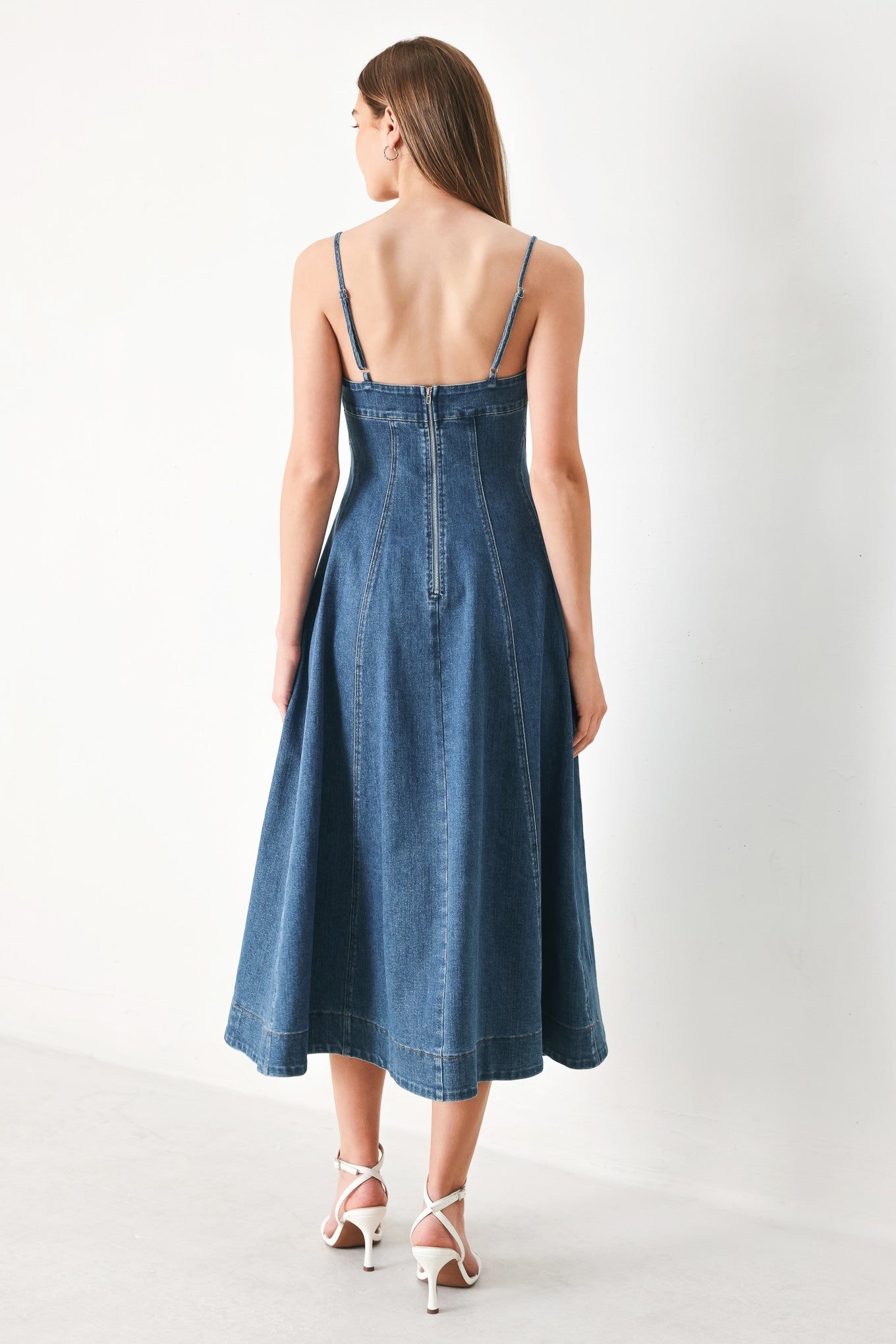 denim midi dress spaghetti strap Final Touch Open Back Denim Midi Dress