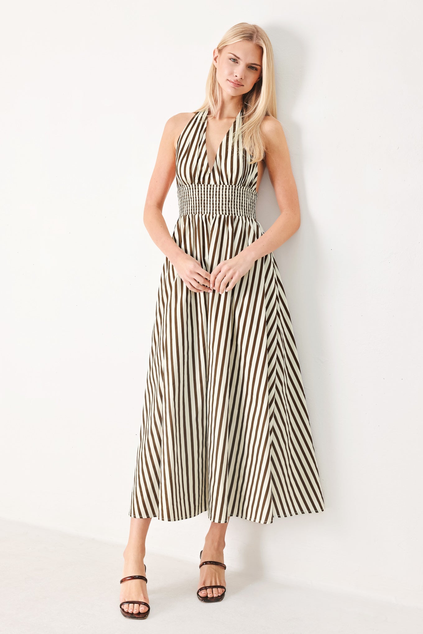 VACATION LINE STRIPED HALTER MIDI DRESS