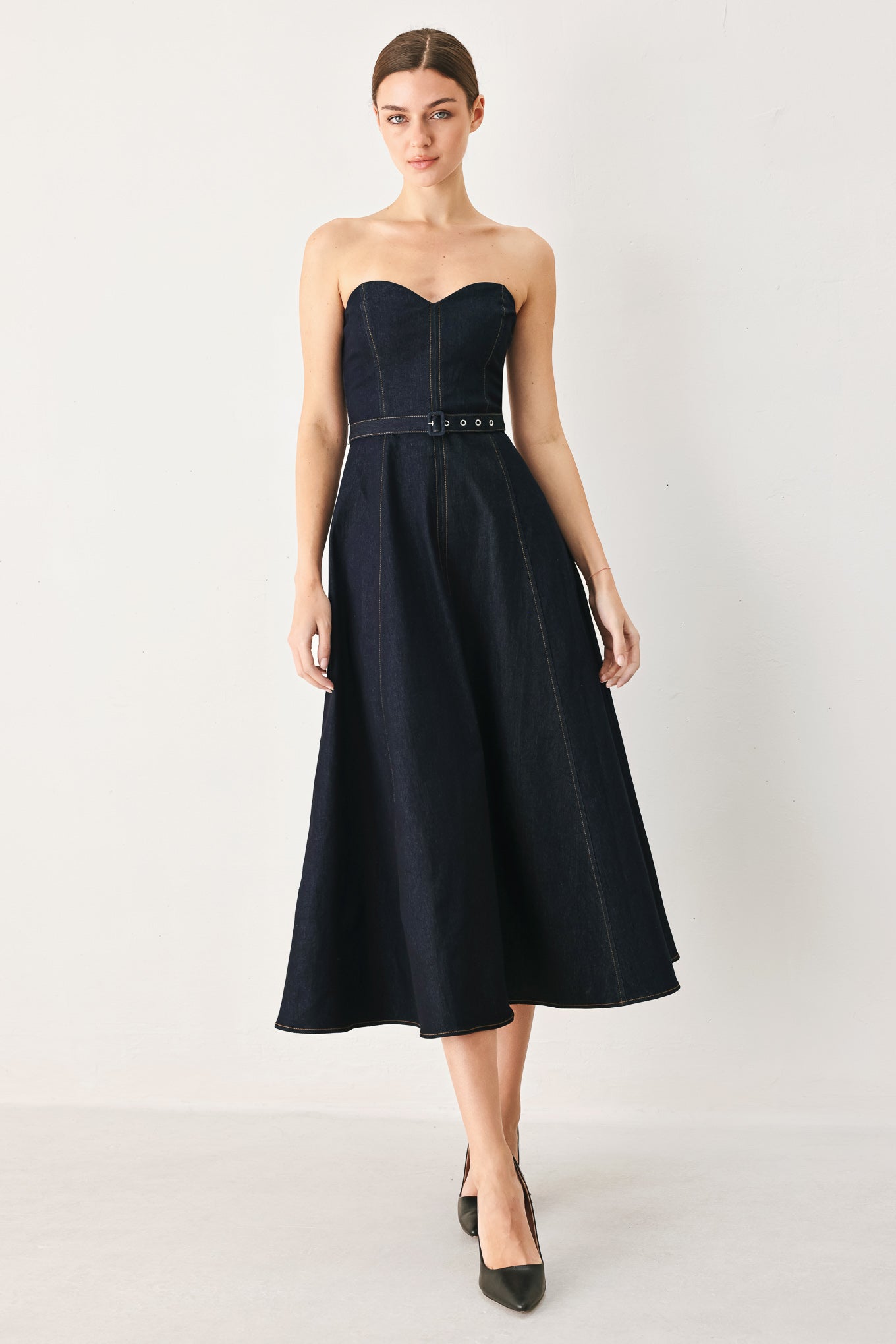 ICONIC INDIGO - STRAPLESS DARK DENIM MIDI DRESS