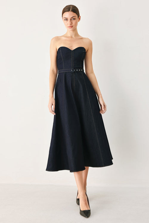 ICONIC INDIGO - STRAPLESS DARK DENIM MIDI DRESS