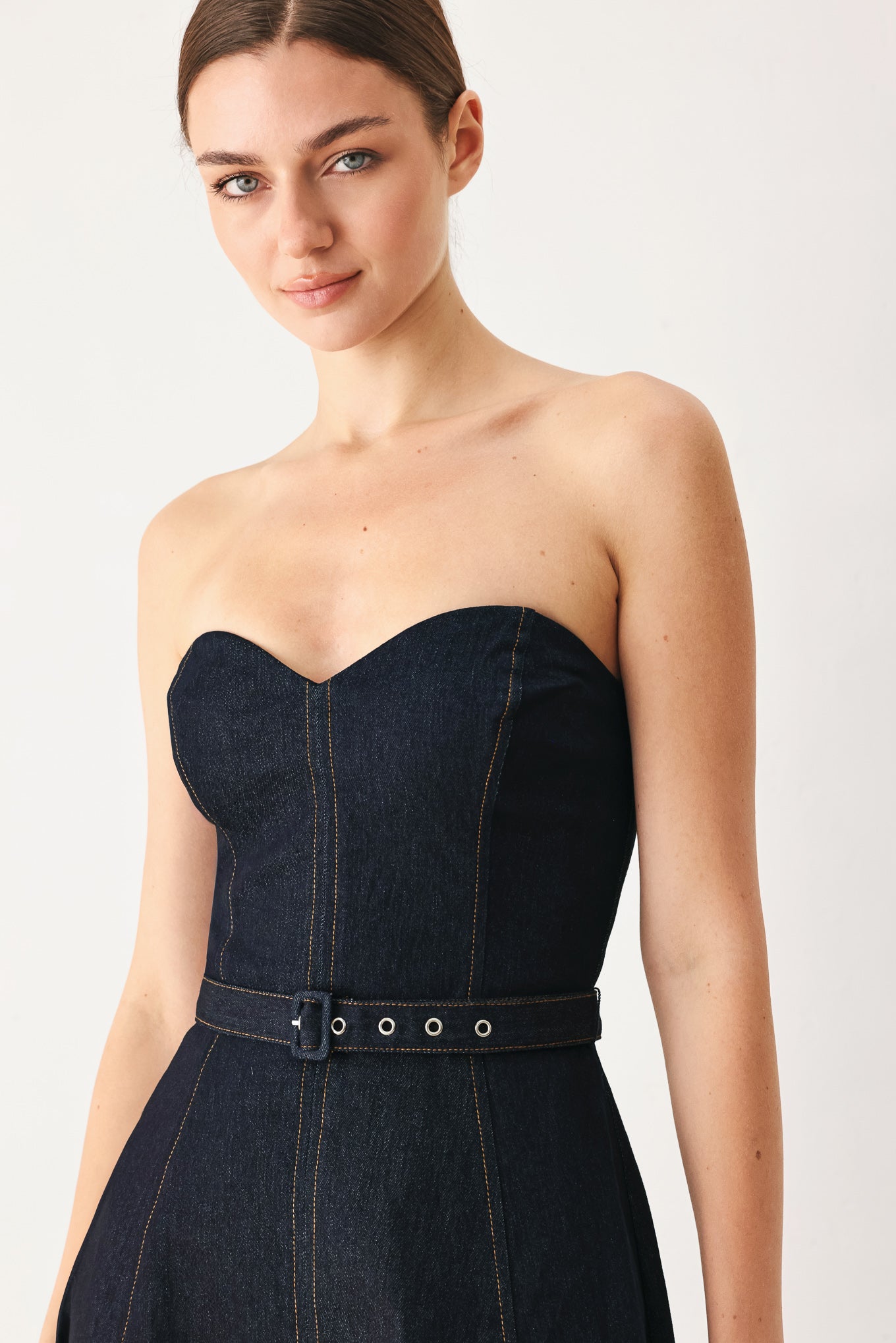 ICONIC INDIGO - STRAPLESS DARK DENIM MIDI DRESS
