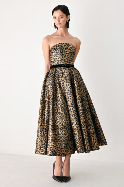 Gold Black Leopard Print Strapless Belted Midi Dress