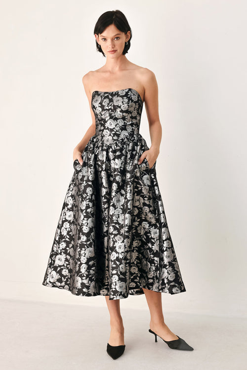 Black & Silver Floral Jacquard Sweetheart Midi Dress in Black/Silver, front view | Lady Black Tie
