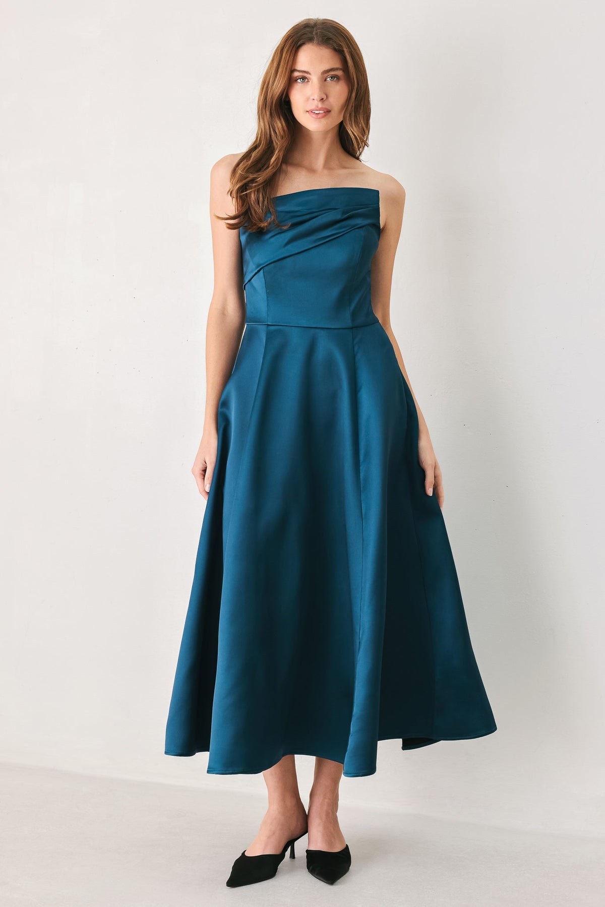 TEAL TEMPO ASYMMETRICAL STRAPLESS MIDI DRESS