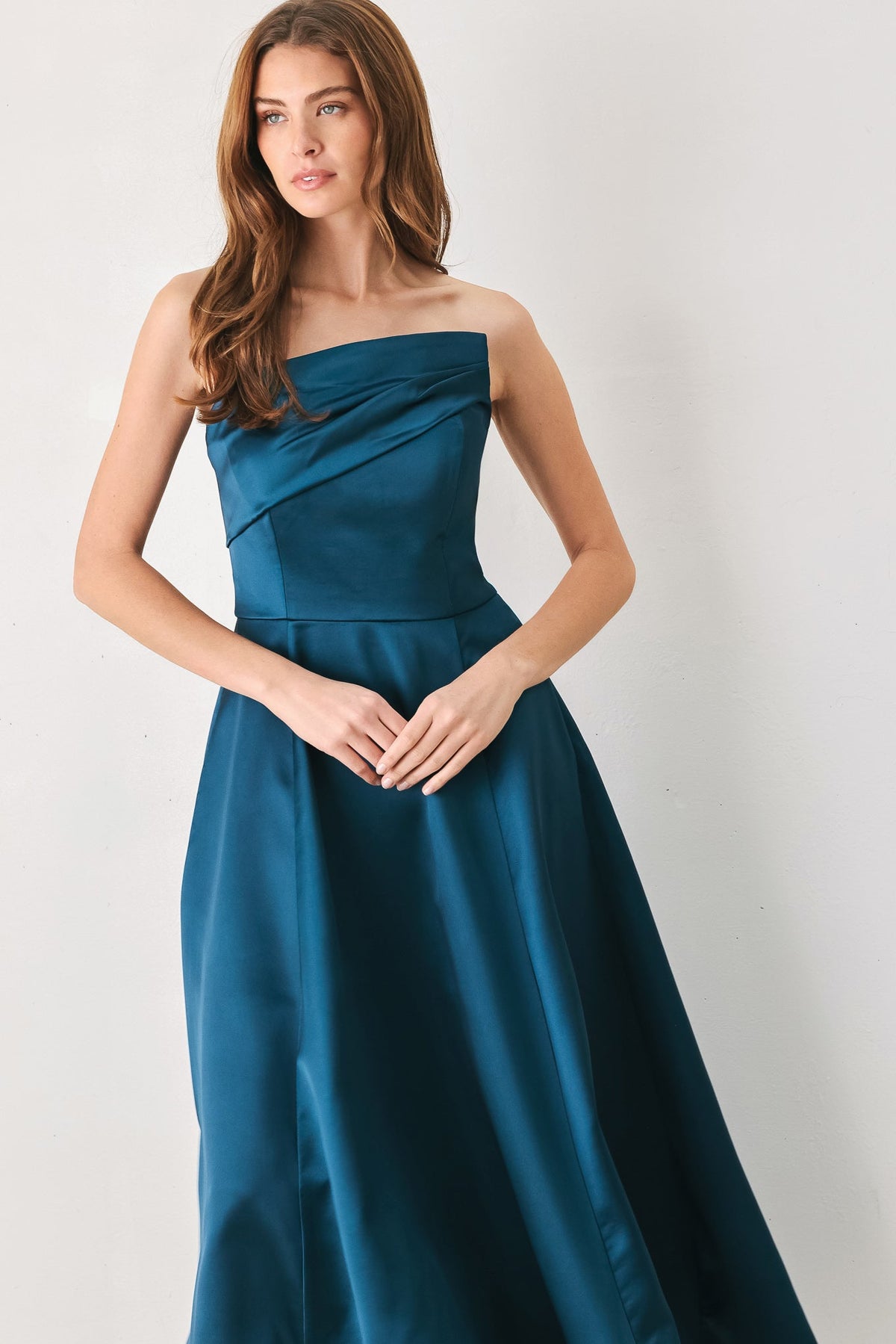 TEAL TEMPO ASYMMETRICAL STRAPLESS MIDI DRESS