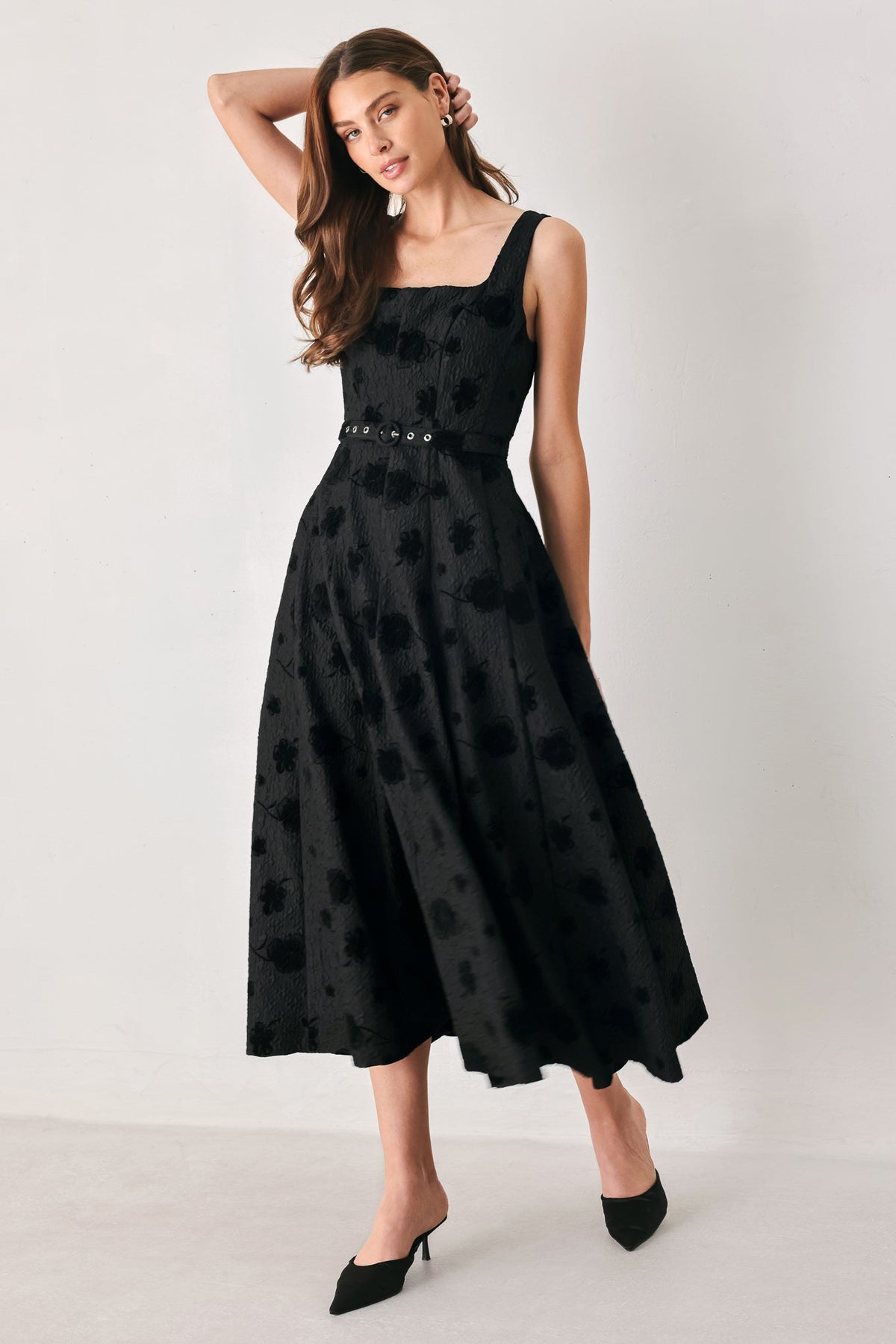 Black Floral Jacquard Square Neck Belted Midi Dress in Black, alternate view | Lady Black Tie