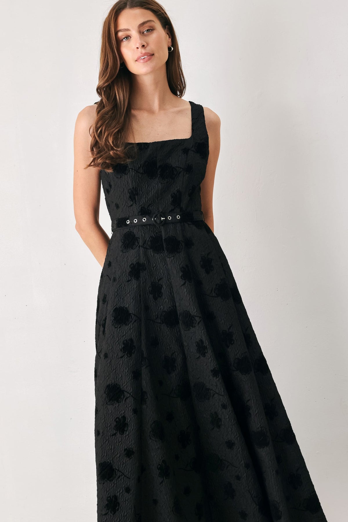 Black Floral Jacquard Square Neck Belted Midi Dress in Black, alternate view | Lady Black Tie