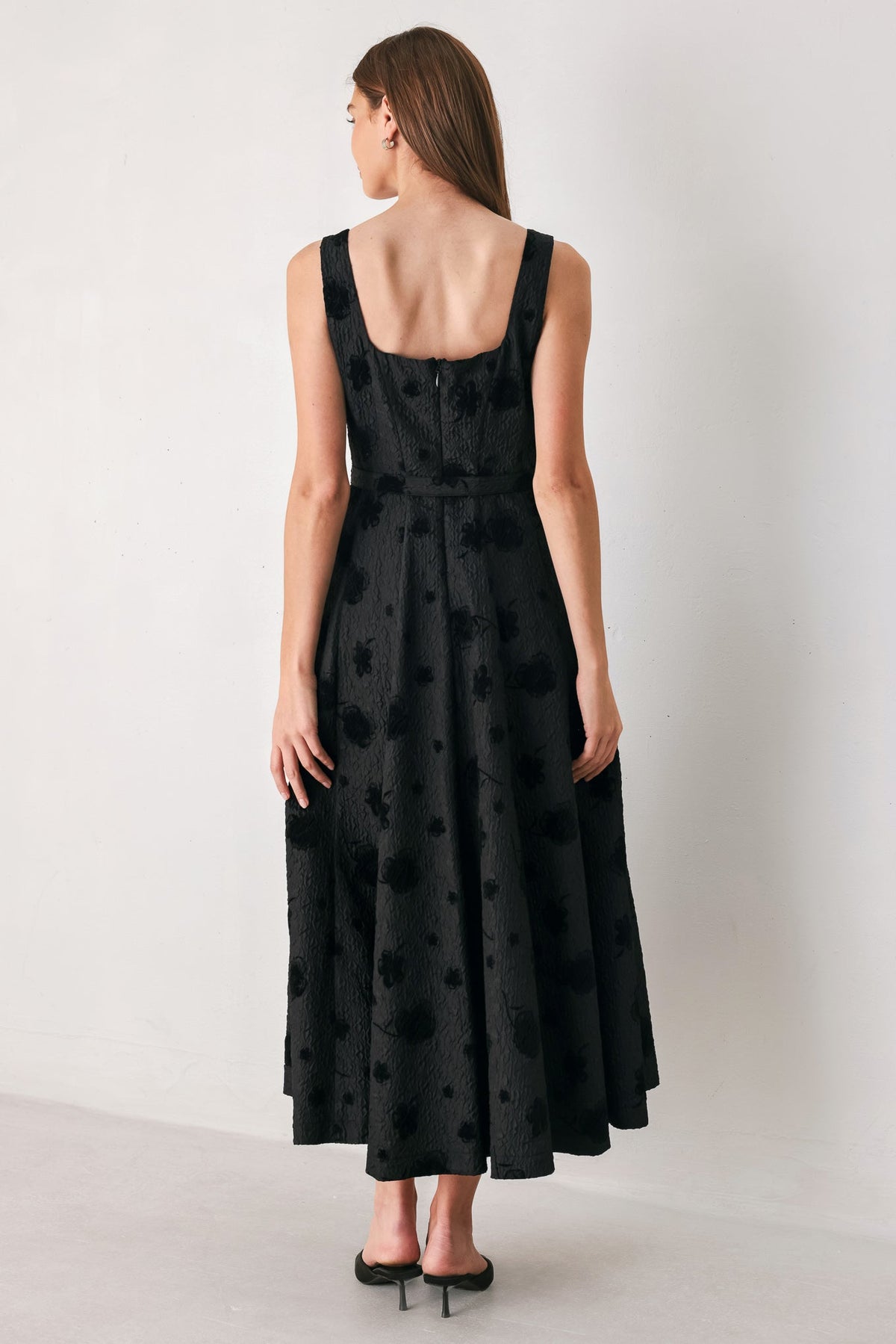 Black Floral Jacquard Square Neck Belted Midi Dress in Black, alternate view | Lady Black Tie