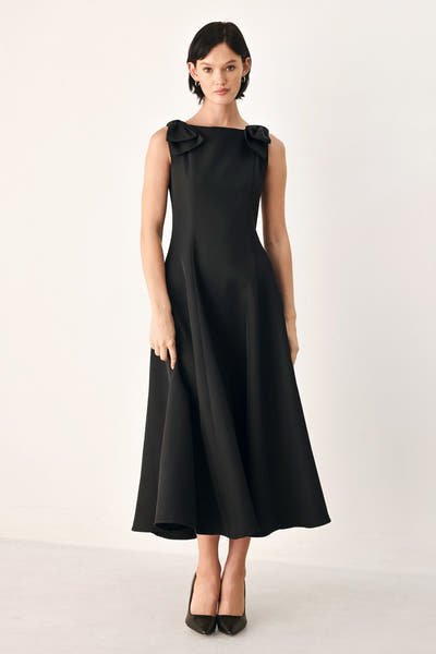 NOIR NIGHTS - BOW SHOULDER BLACK MIDI DRESS