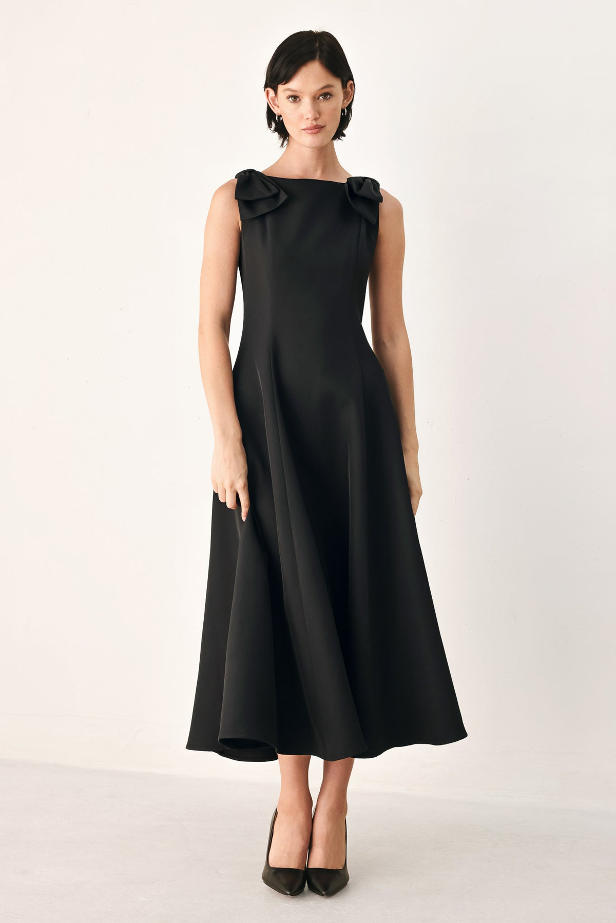 Black Bow Shoulder Circle Skirt Midi Dress in Black, front view | Lady Black Tie