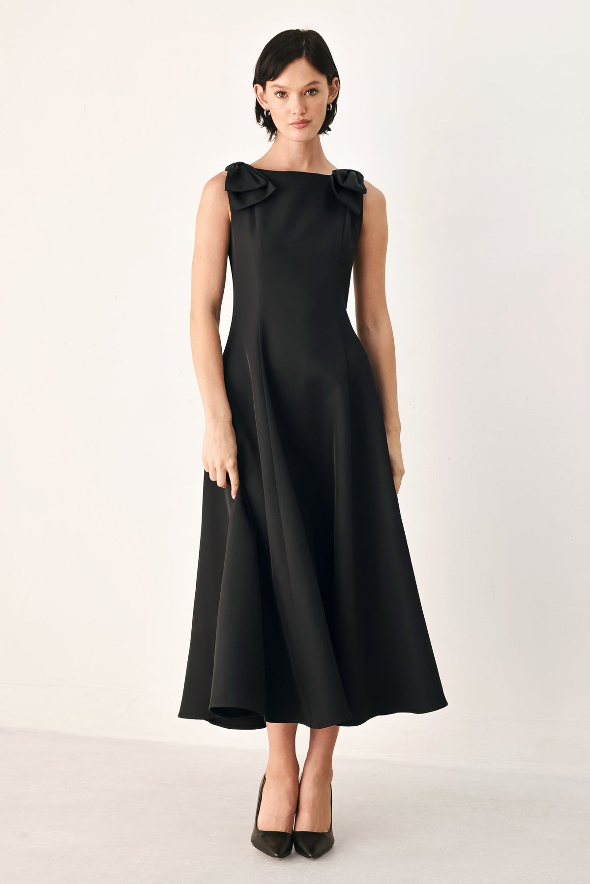 NOIR NIGHTS - BOW SHOULDER BLACK MIDI DRESS | Lady Black Tie