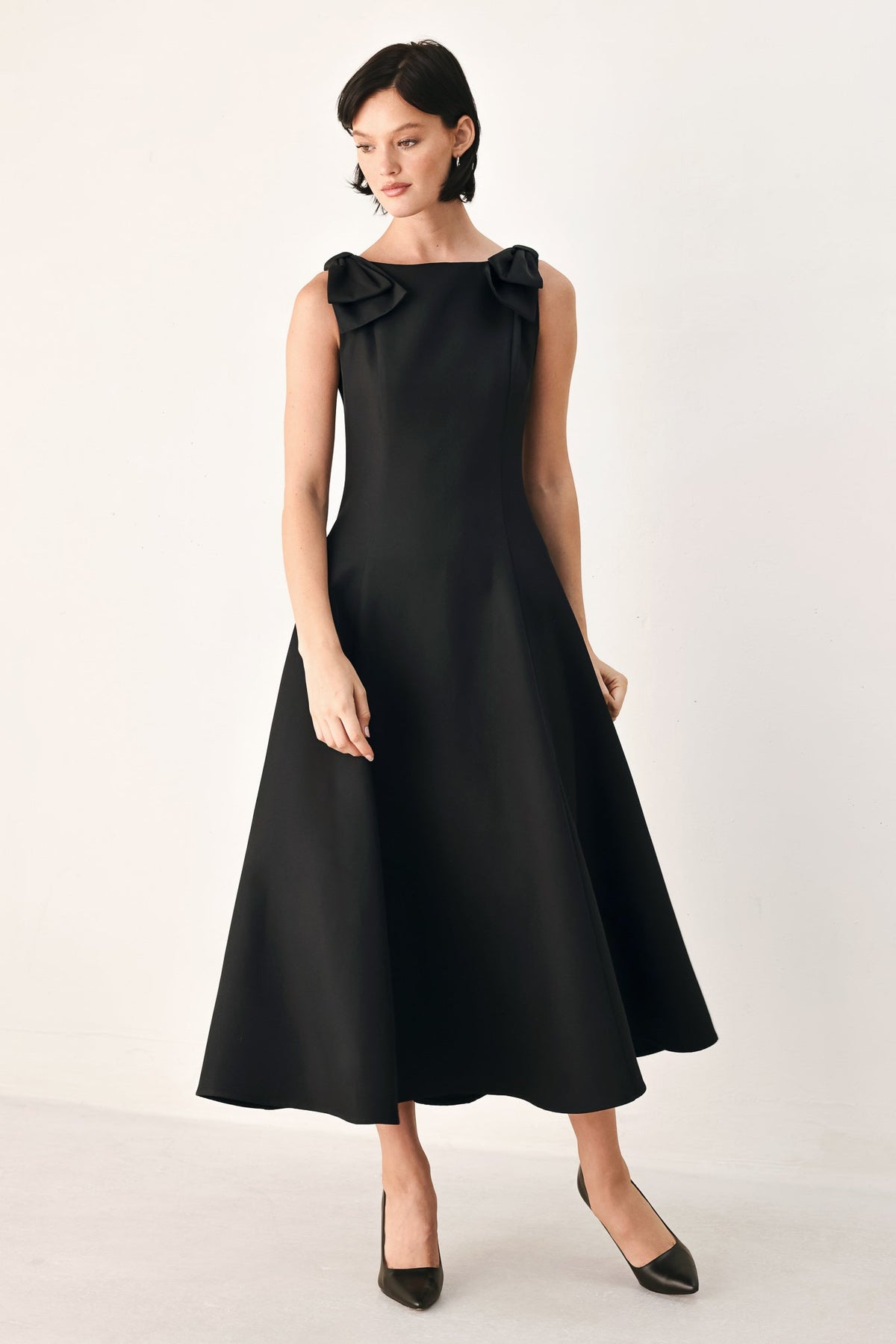 NOIR NIGHTS - BOW SHOULDER BLACK MIDI DRESS | Lady Black Tie