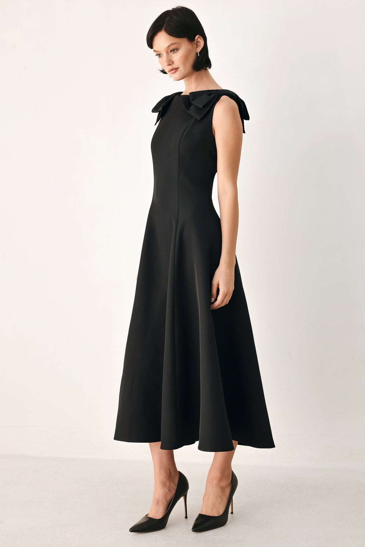 NOIR NIGHTS - BOW SHOULDER BLACK MIDI DRESS | Lady Black Tie