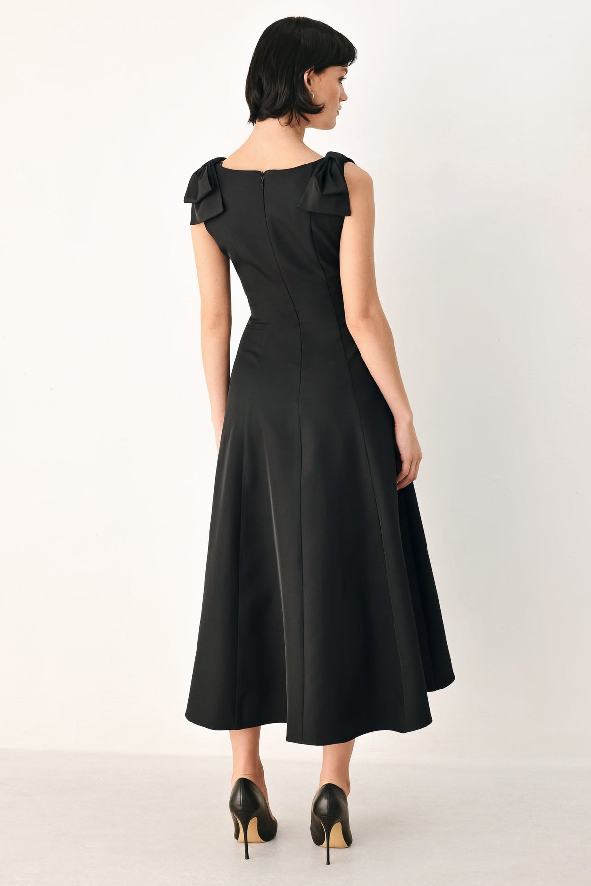 NOIR NIGHTS - BOW SHOULDER BLACK MIDI DRESS | Lady Black Tie