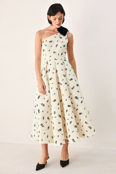 Cream & Black Floral One Shoulder Bow Midi Dress