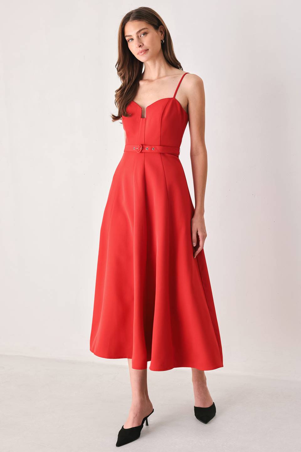 Red Sweetheart Belted Midi Dress in Red, three-quarter view | Lady Black Tie