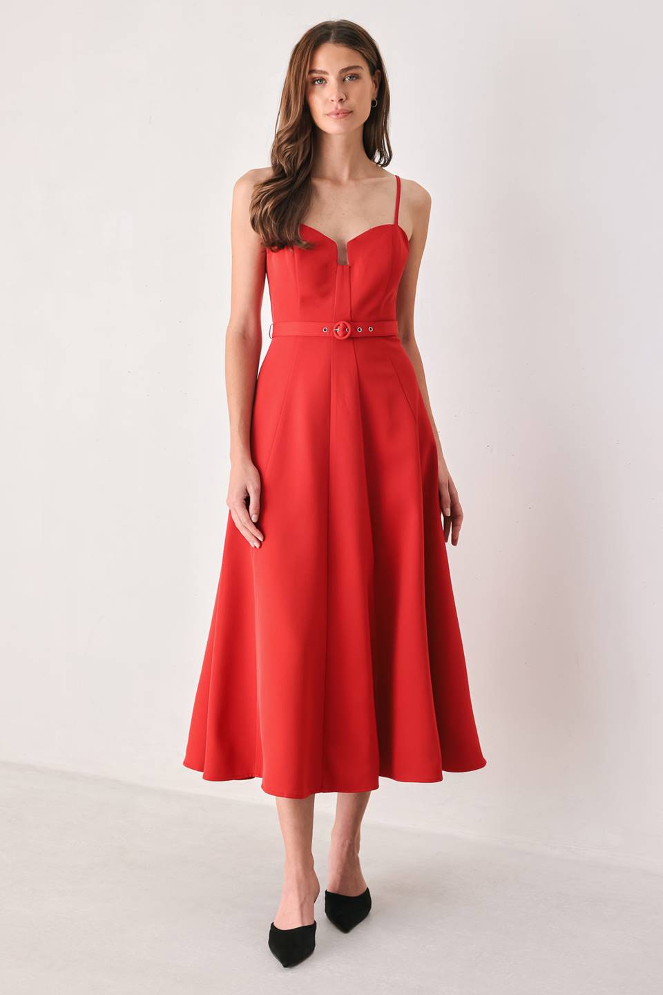 Red Sweetheart Belted Midi Dress in Red, front view | Lady Black Tie