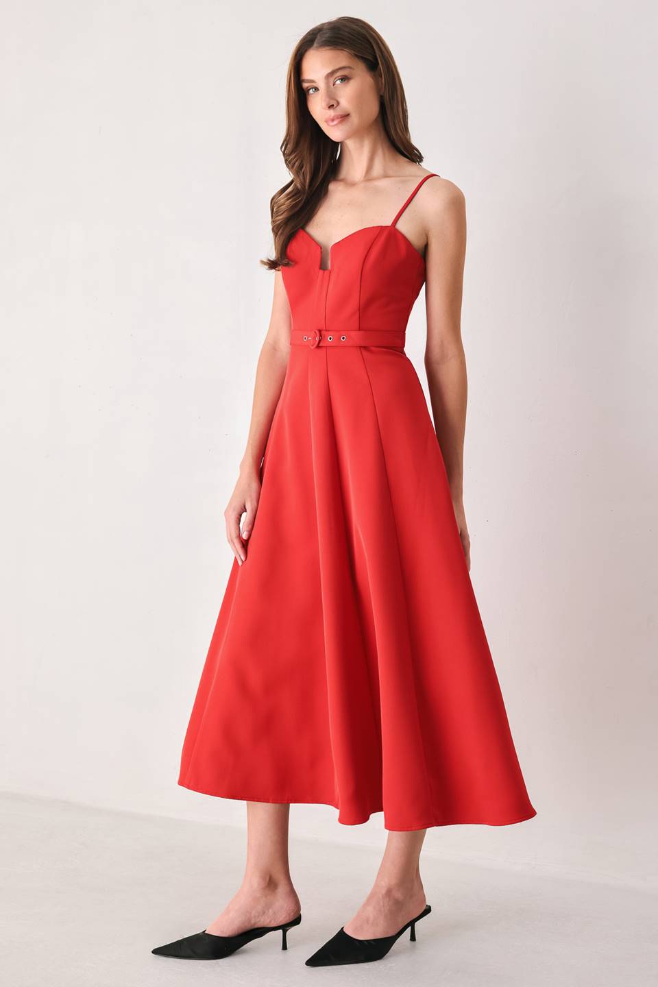 Red Sweetheart Belted Midi Dress in Red, three-quarter view | Lady Black Tie