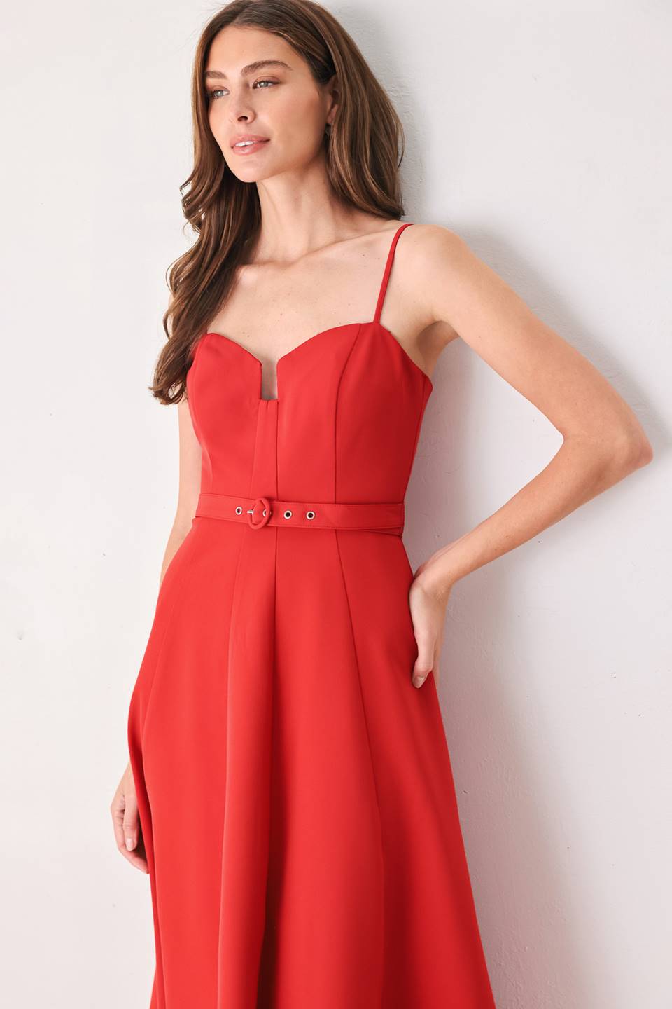 Red Sweetheart Belted Midi Dress in Red, close-up of bodice | Lady Black Tie