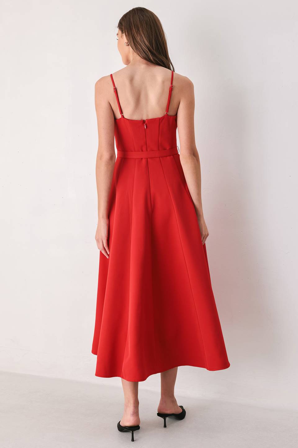 Red Sweetheart Belted Midi Dress in Red, back view | Lady Black Tie