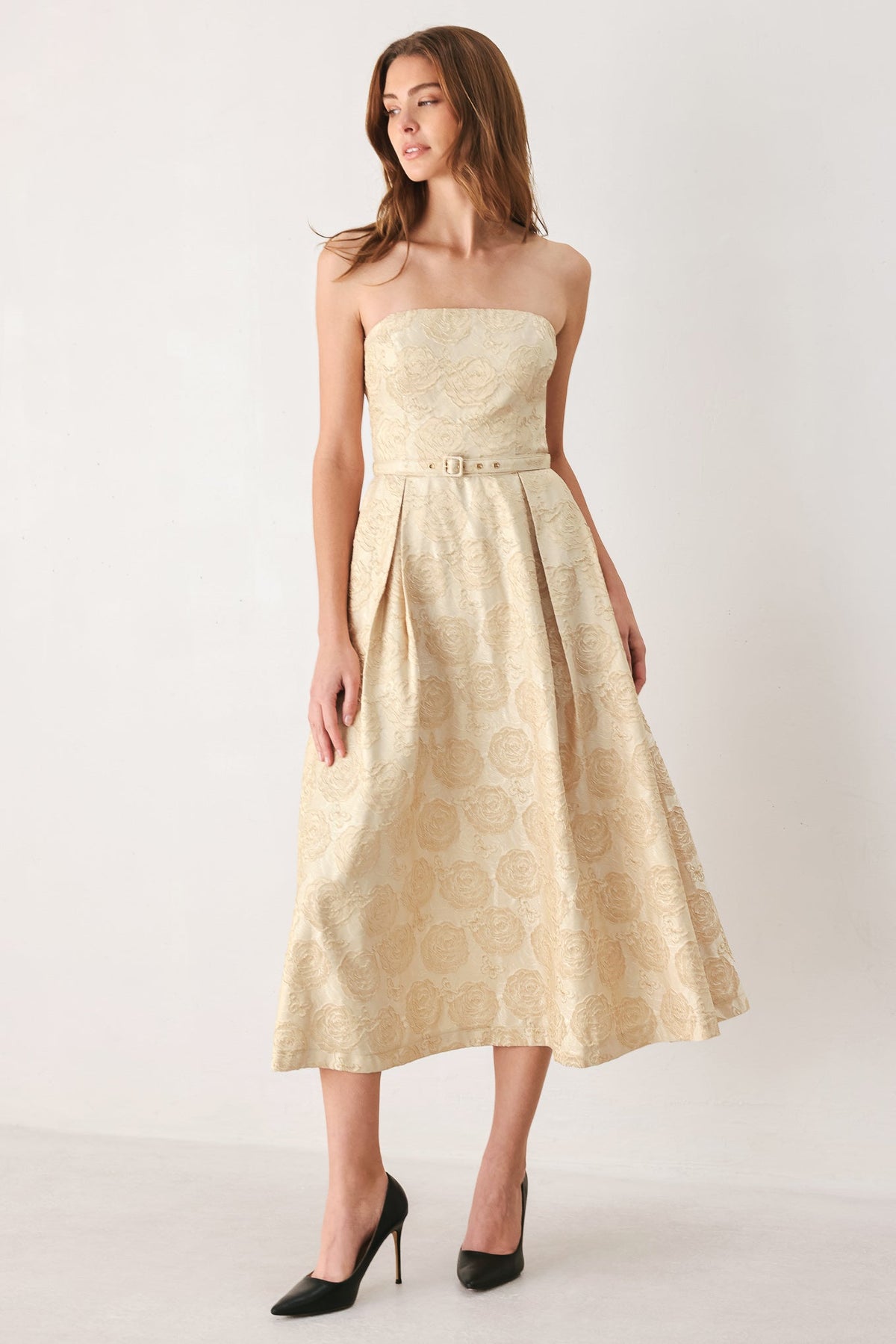 Gold Jacquard Strapless Belted Midi Dress in Gold, front view | Lady Black Tie