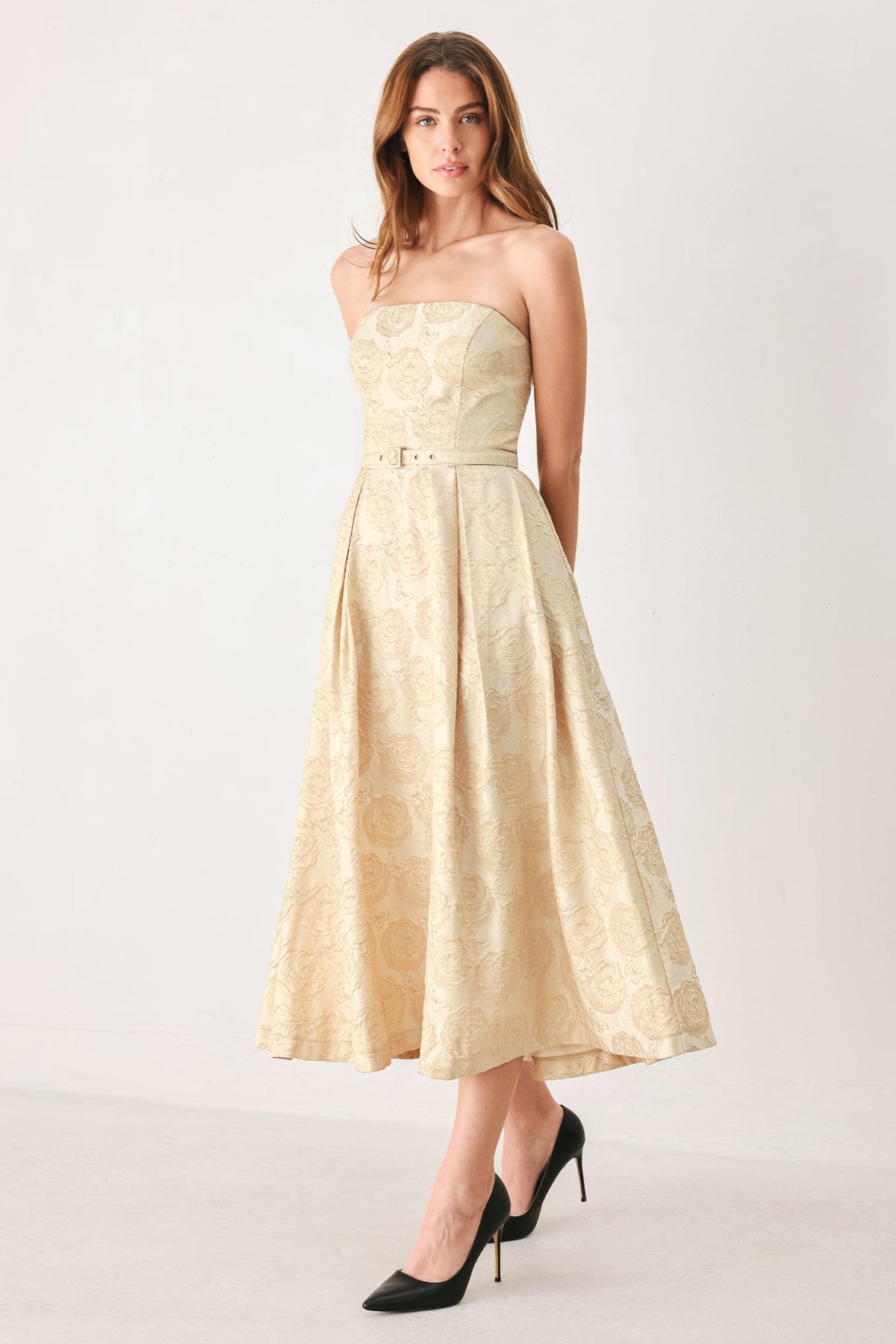 Gold Jacquard Strapless Belted Midi Dress in Gold, three-quarter view | Lady Black Tie