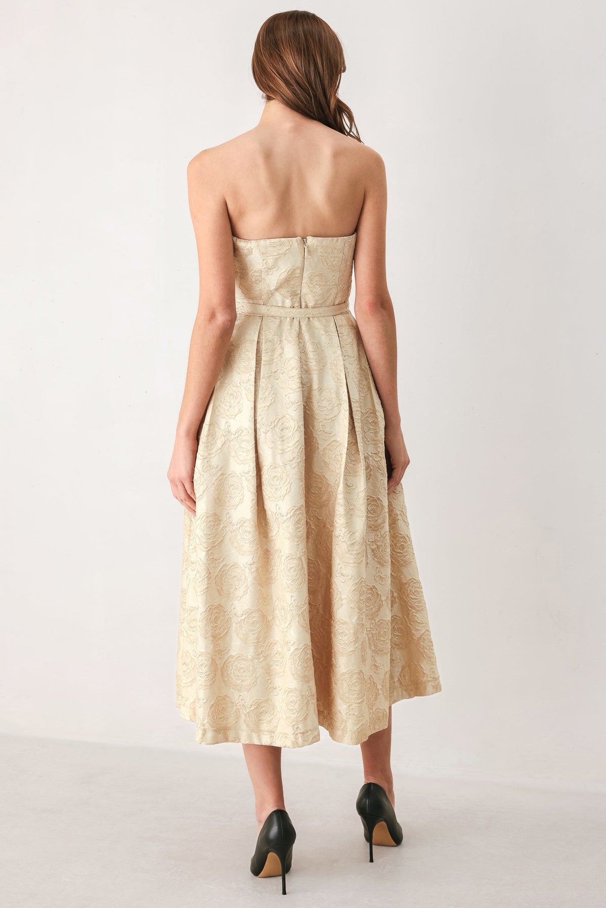 Gold Jacquard Strapless Belted Midi Dress in Gold, back view | Lady Black Tie