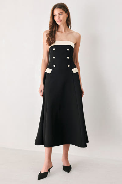 Black & Cream Strapless Double Breasted Midi Dress