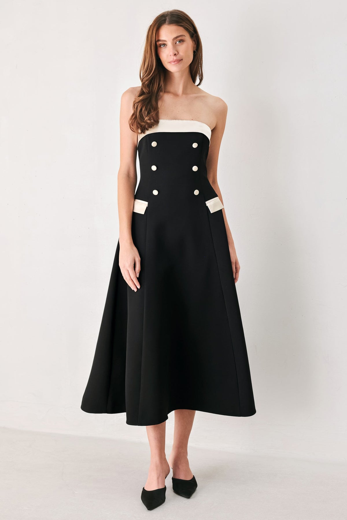 PARISIAN POISE BLACK & CREAM STRAPLESS MIDI DRESS