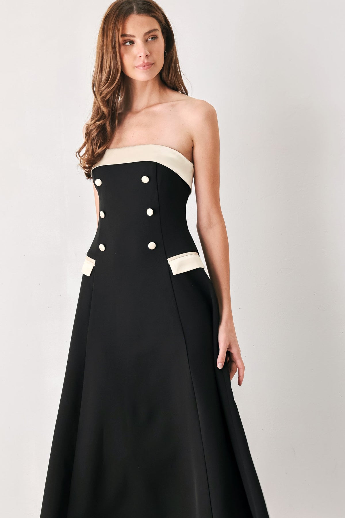 PARISIAN POISE BLACK & CREAM STRAPLESS MIDI DRESS