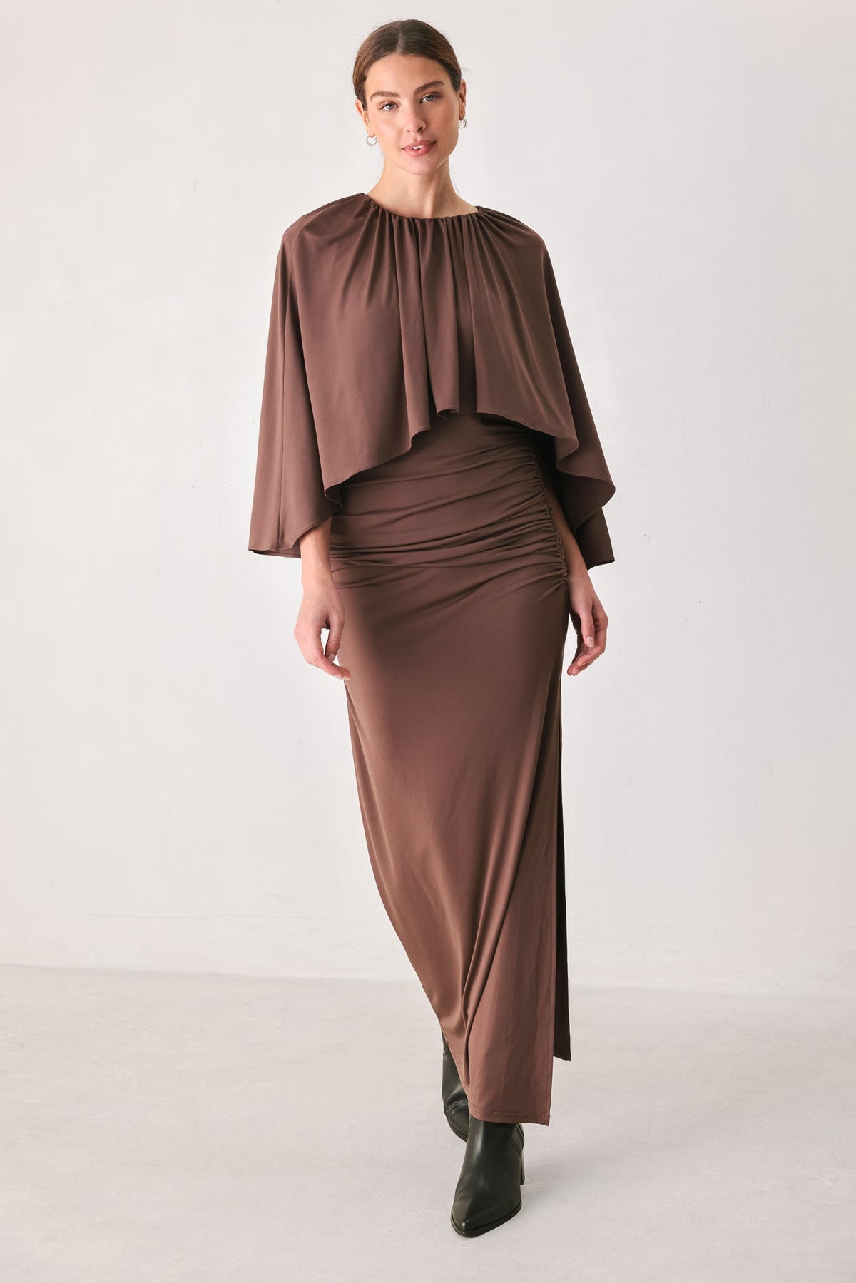 DUSTY ROSE DRAPE CAPLET SHIRRED MIDI DRESS