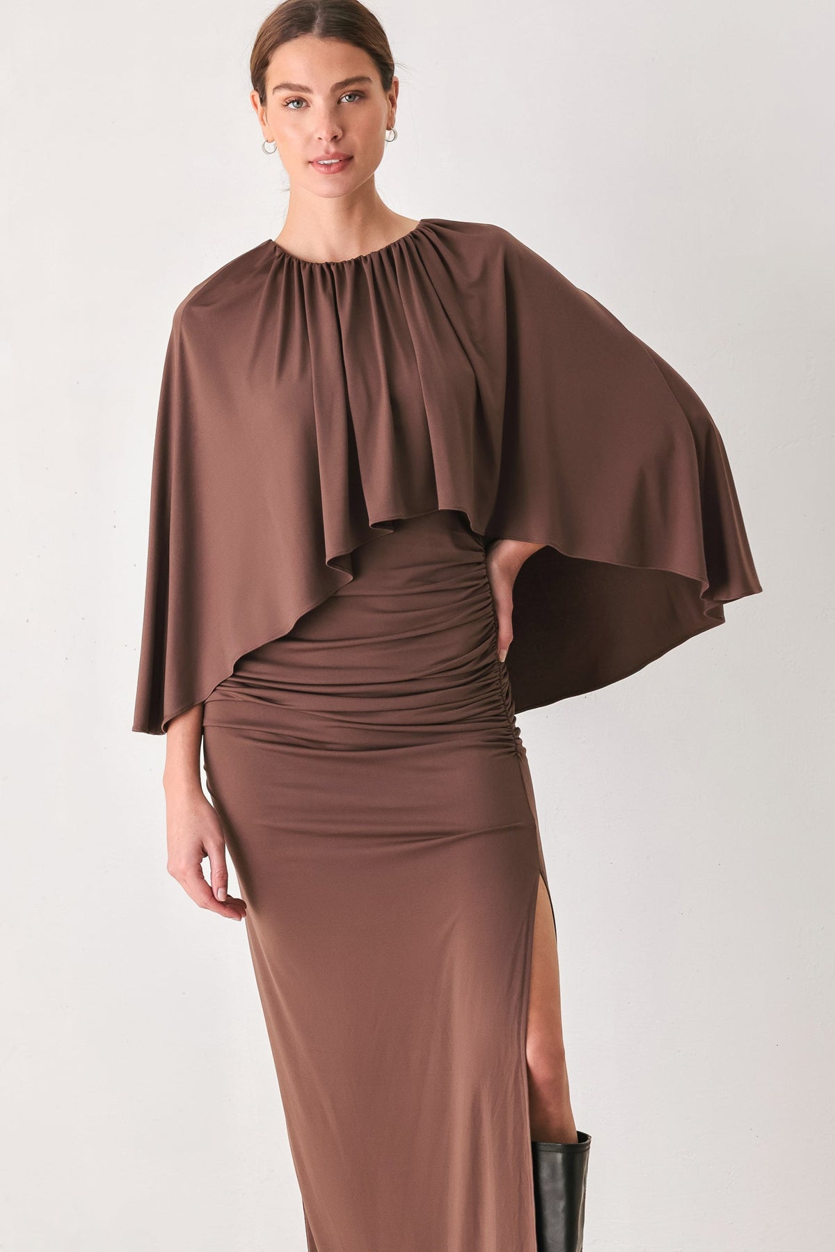 DUSTY ROSE DRAPE CAPLET SHIRRED MIDI DRESS